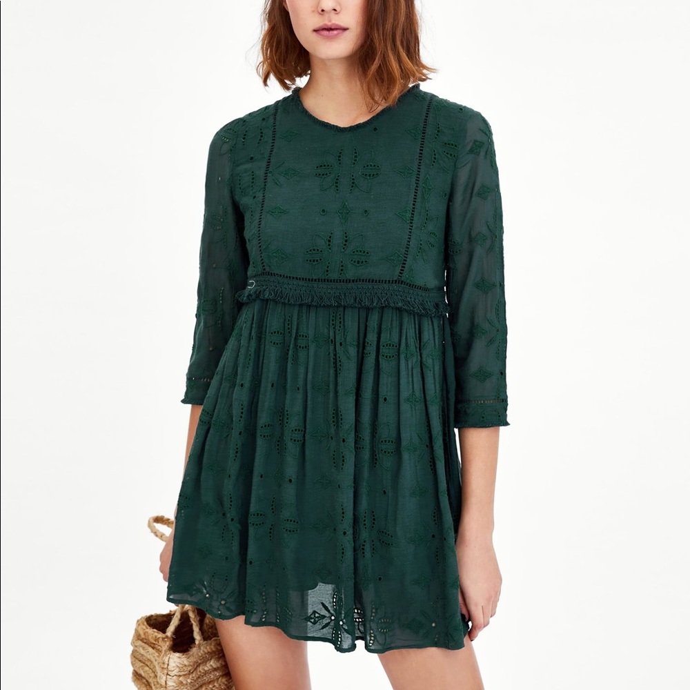 Hunter Green Jumpsuit Dress with cutwork embroidery - small